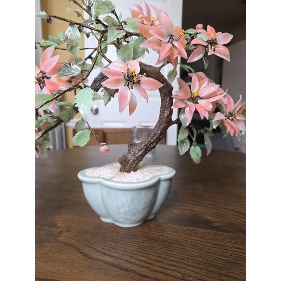 Vintage Chinese Glass Stone Jade Cherry Blossom Bonsai Tree Pink Flowers 14" - Picture 4 of 16